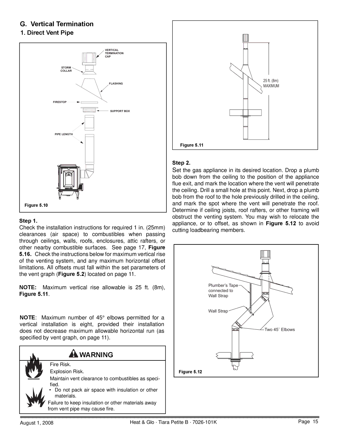 Heat & Glo LifeStyle TIARAP-BR, TIARAP-CES, TIARAP-CTO, TIARAP-BK owner manual Vertical Termination, Direct Vent Pipe 