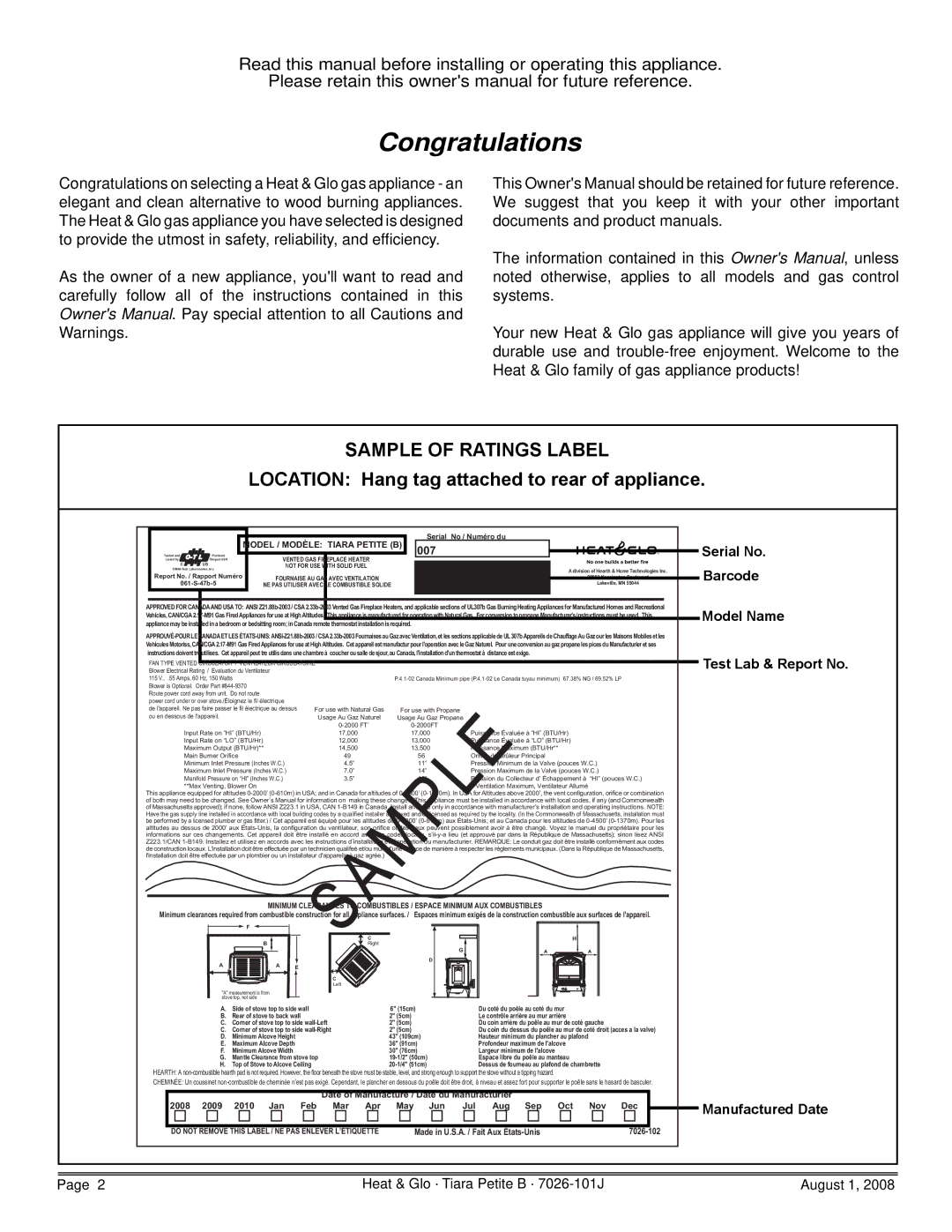 Heat & Glo LifeStyle TIARAP-BK, TIARAP-CES, TIARAP-CTO Congratulations, Location Hang tag attached to rear of appliance 