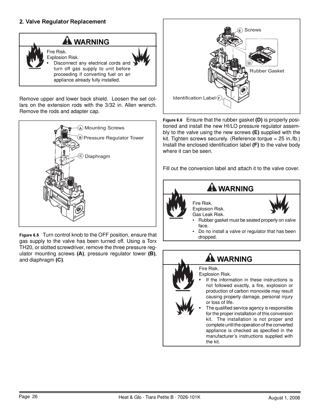 Heat & Glo LifeStyle TIARAP-BK, TIARAP-CES Valve Regulator Replacement, Screws Rubber Gasket Identification Label F 