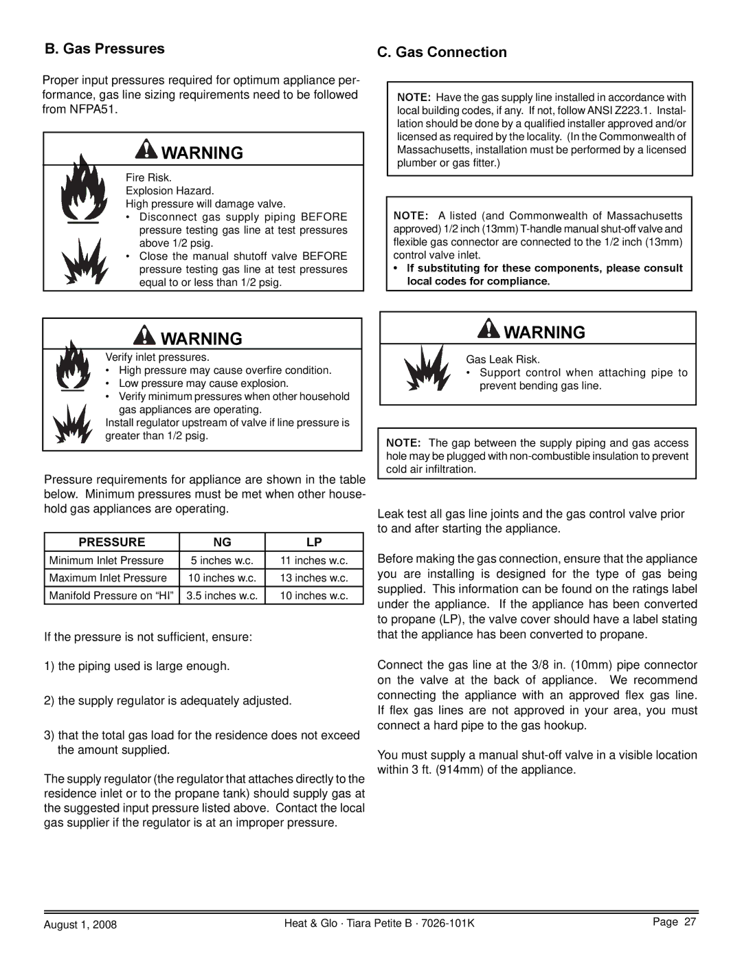 Heat & Glo LifeStyle TIARAP-BR, TIARAP-CES, TIARAP-CTO, TIARAP-BK owner manual Gas Pressures, Gas Connection 