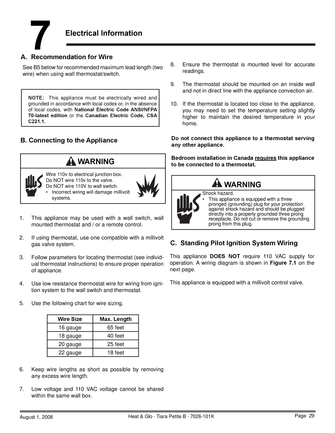 Heat & Glo LifeStyle TIARAP-CTO, TIARAP-CES Electrical Information, Recommendation for Wire, Connecting to the Appliance 