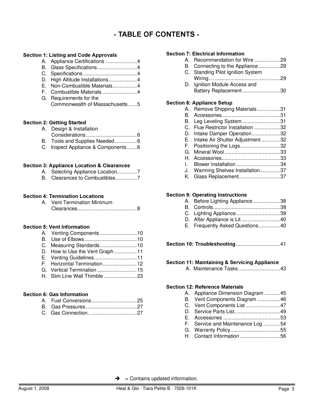 Heat & Glo LifeStyle TIARAP-BR, TIARAP-CES, TIARAP-CTO, TIARAP-BK owner manual Table of Contents 