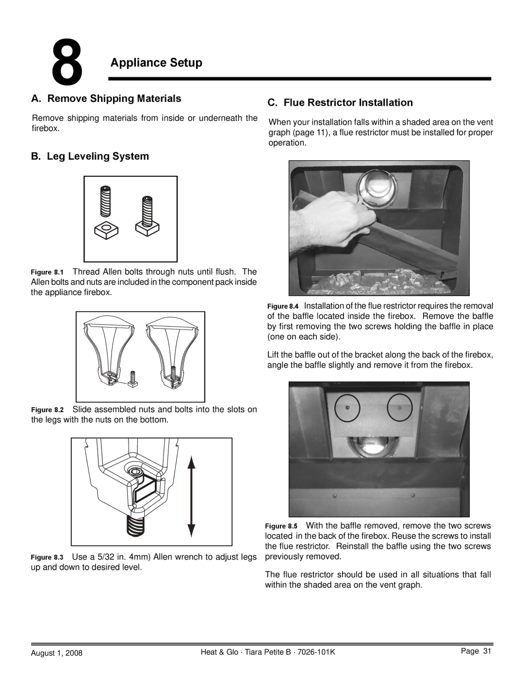 Heat & Glo LifeStyle TIARAP-BR, TIARAP-CES Appliance Setup, Remove Shipping Materials Flue Restrictor Installation 