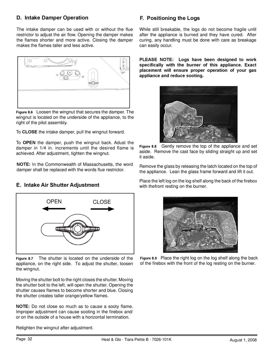 Heat & Glo LifeStyle TIARAP-CES, TIARAP-CTO Intake Damper Operation Positioning the Logs, Intake Air Shutter Adjustment 