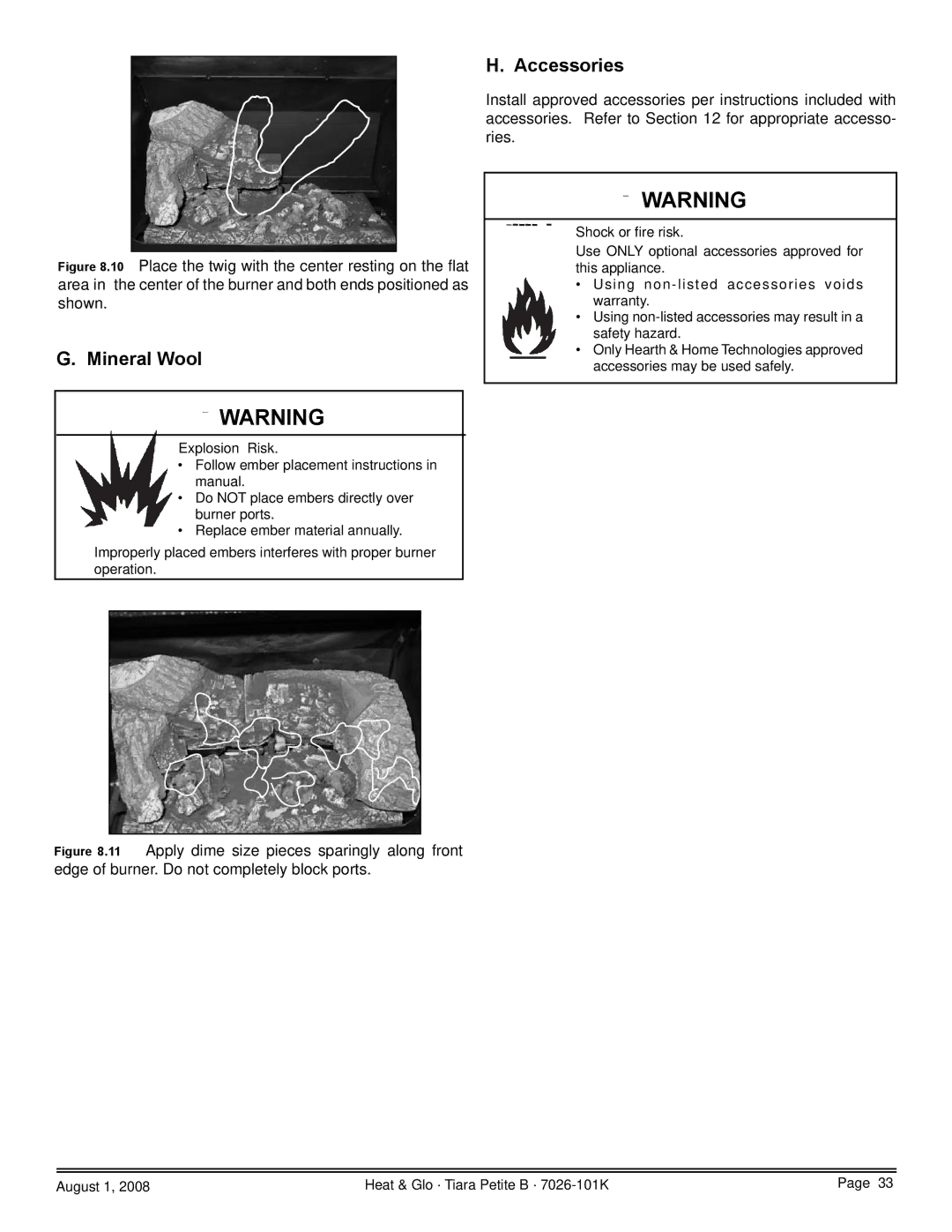 Heat & Glo LifeStyle TIARAP-CTO, TIARAP-CES, TIARAP-BK, TIARAP-BR owner manual Mineral Wool, Accessories 