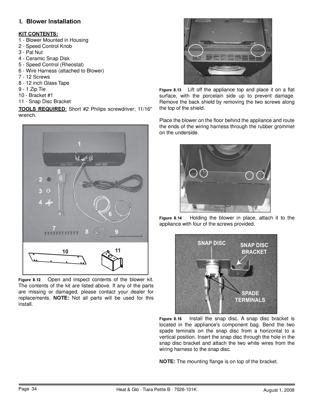 Heat & Glo LifeStyle TIARAP-BK, TIARAP-CES, TIARAP-CTO, TIARAP-BR owner manual Blower Installation, KIT Contents 