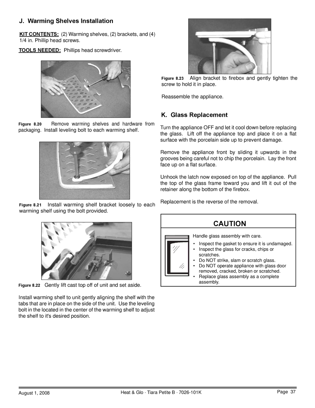 Heat & Glo LifeStyle TIARAP-CTO, TIARAP-CES, TIARAP-BK, TIARAP-BR owner manual Warming Shelves Installation, Glass Replacement 