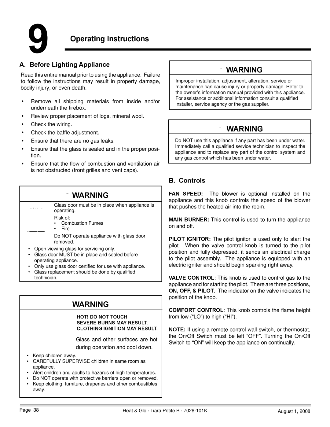 Heat & Glo LifeStyle TIARAP-BK, TIARAP-CES, TIARAP-CTO Operating Instructions, Before Lighting Appliance, Controls 