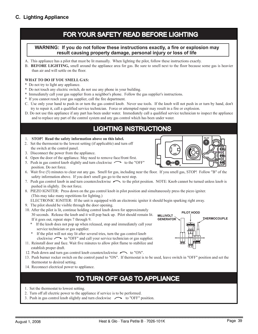 Heat & Glo LifeStyle TIARAP-BR, TIARAP-CES, TIARAP-CTO, TIARAP-BK For Your Safety Read Before Lighting, Lighting Appliance 