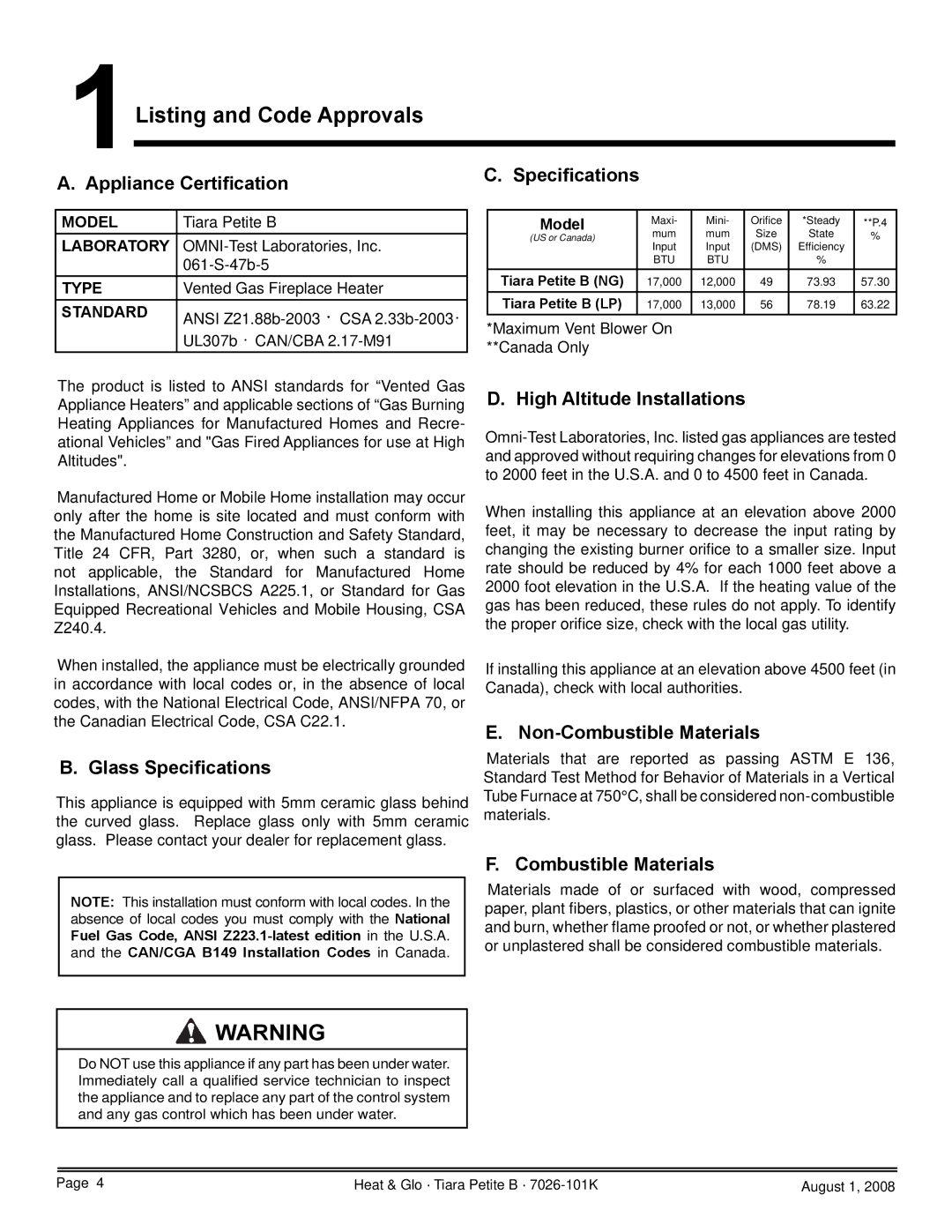 Heat & Glo LifeStyle TIARAP-CES, TIARAP-CTO, TIARAP-BK, TIARAP-BR owner manual 1Listing and Code Approvals 