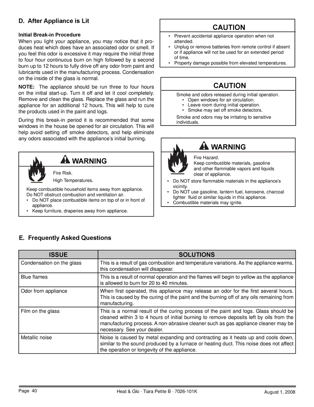 Heat & Glo LifeStyle TIARAP-CES, TIARAP-CTO After Appliance is Lit, Frequently Asked Questions, Initial Break-in Procedure 