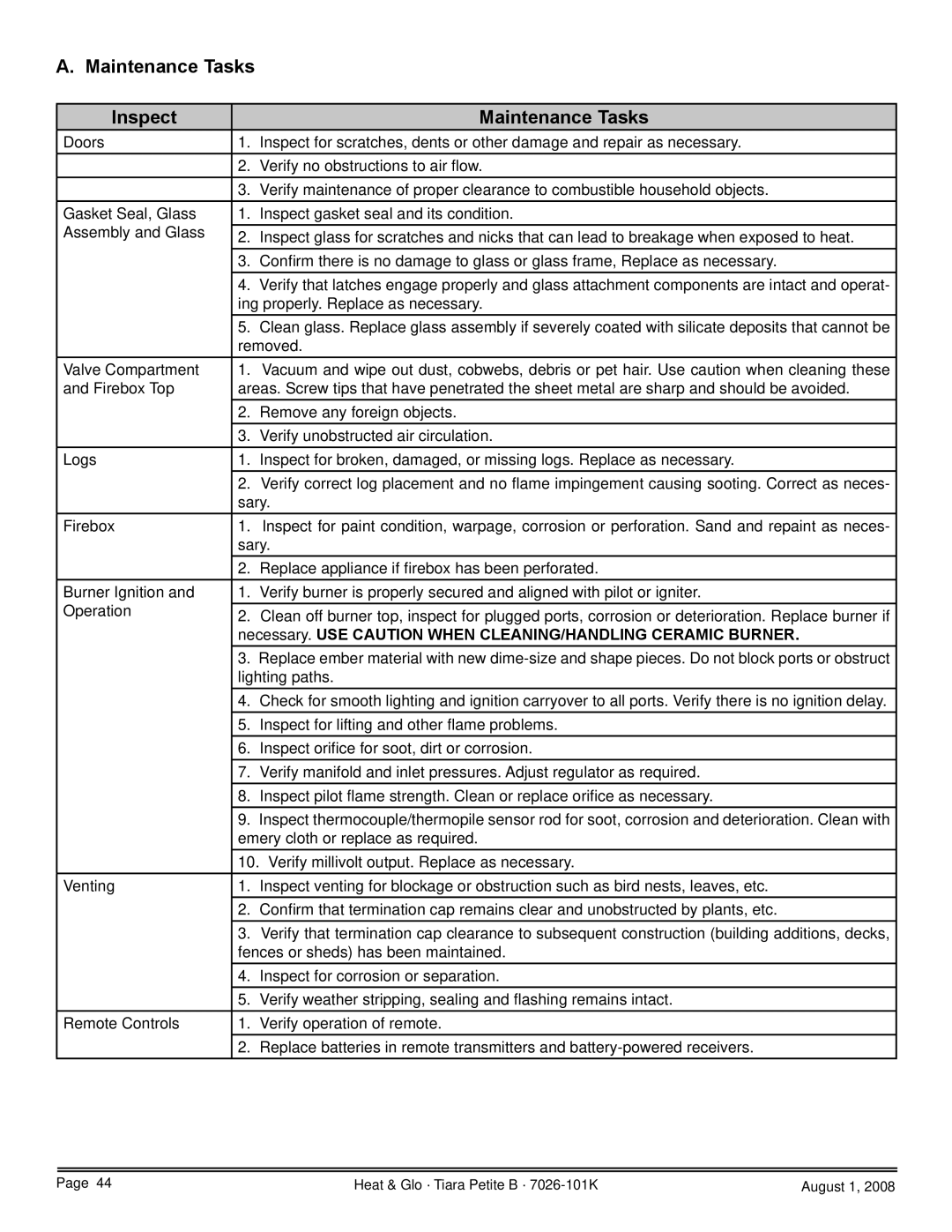 Heat & Glo LifeStyle TIARAP-CES Maintenance Tasks Inspect, Necessary. USE Caution When CLEANING/HANDLING Ceramic Burner 