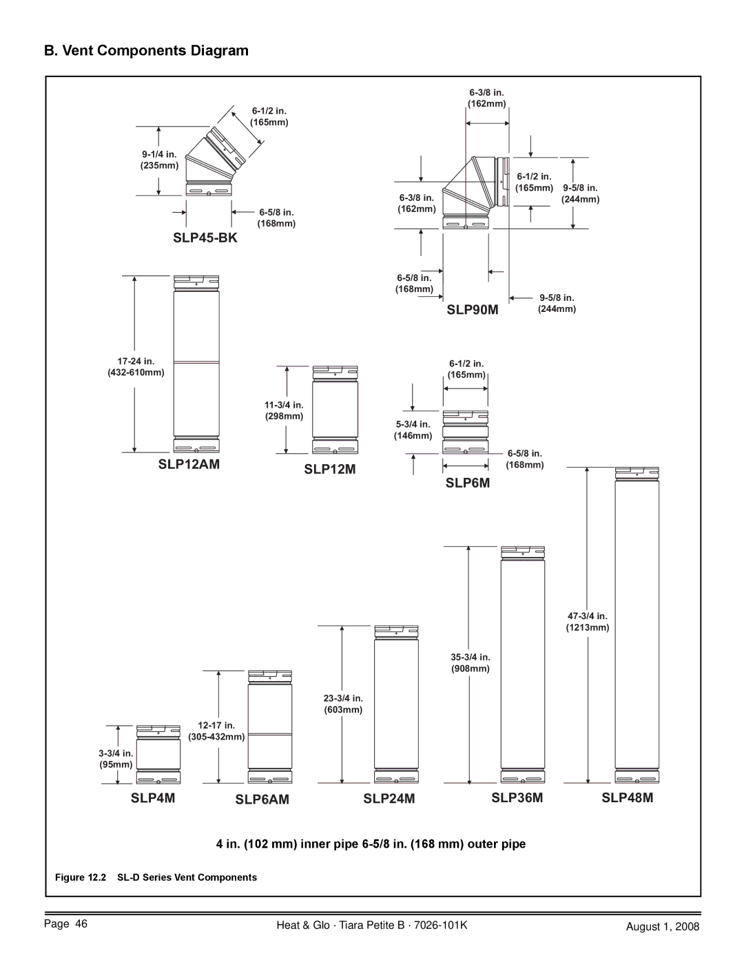 Heat & Glo LifeStyle TIARAP-BK, TIARAP-CES, TIARAP-CTO, TIARAP-BR Vent Components Diagram, SL-D Series Vent Components 