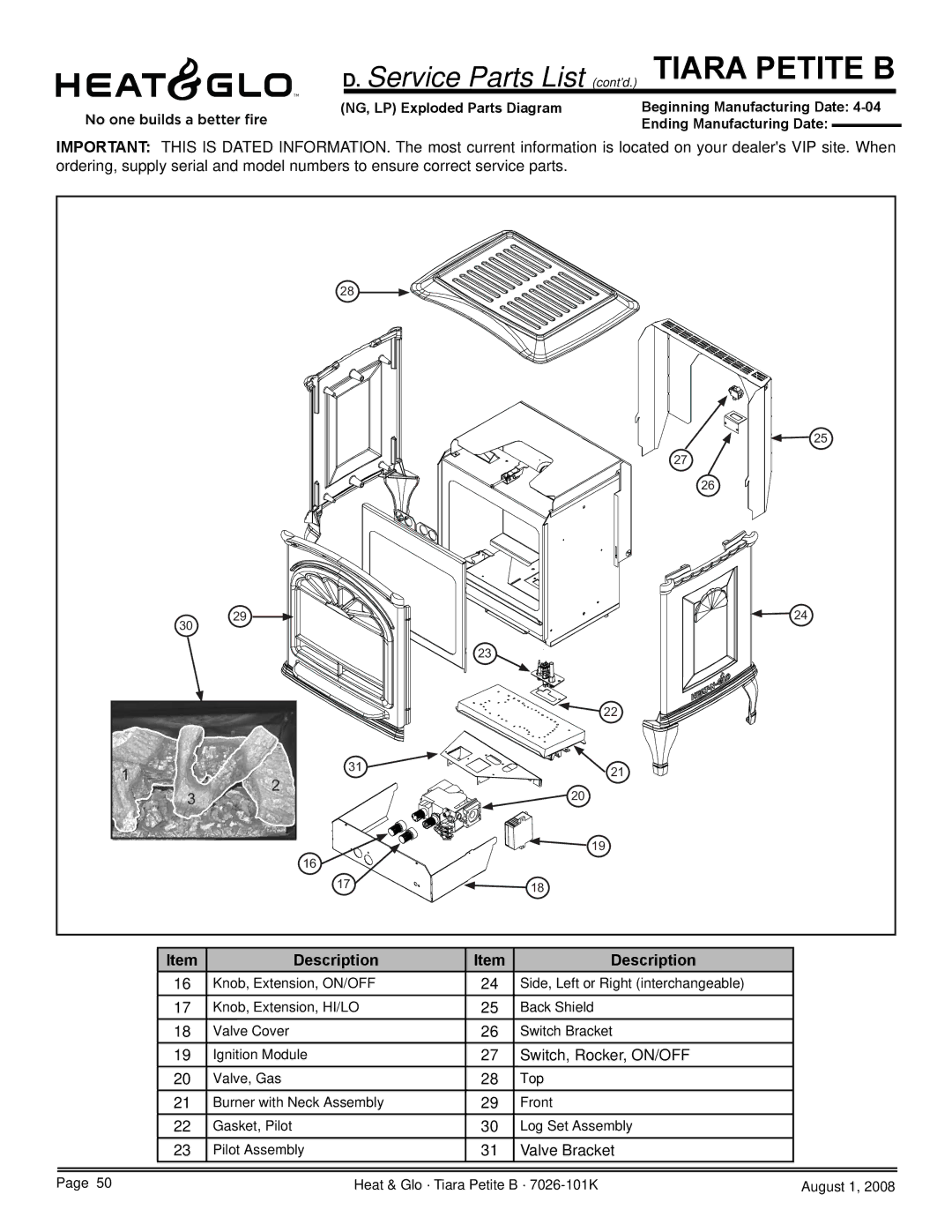 Heat & Glo LifeStyle TIARAP-BK, TIARAP-CES, TIARAP-CTO, TIARAP-BR owner manual Service Parts List cont’d. Tiara Petite B 