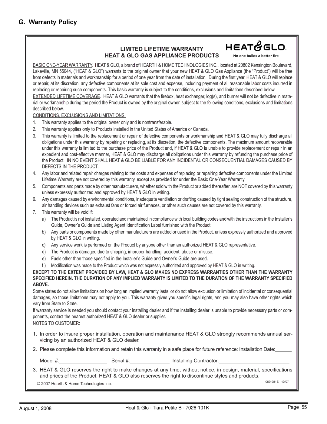 Heat & Glo LifeStyle TIARAP-BR, TIARAP-CES Warranty Policy, Limited Lifetime Warranty Heat & GLO GAS Appliance Products 