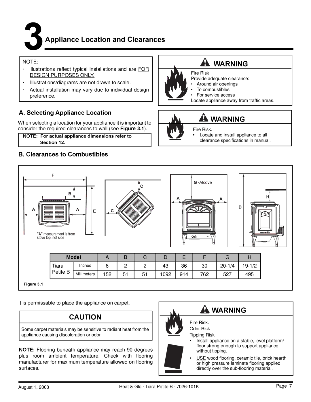 Heat & Glo LifeStyle TIARAP-BR Appliance Location and Clearances, Selecting Appliance Location, Clearances to Combustibles 