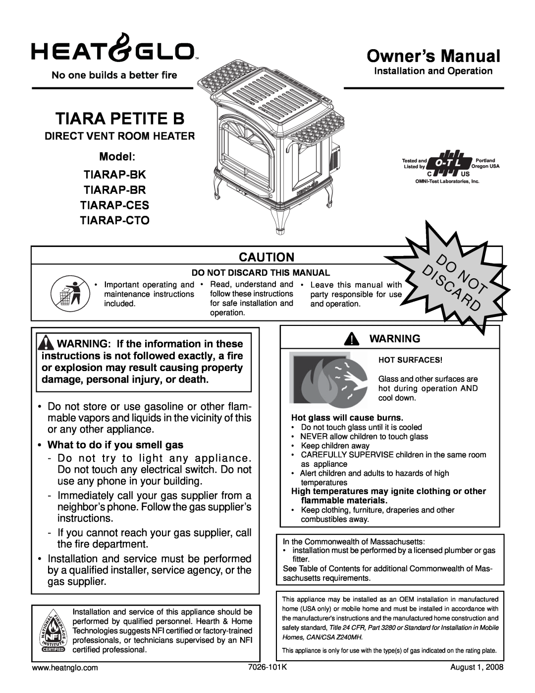 Heat & Glo LifeStyle TIARAP-CTO owner manual Owner’s Manual, Direct Vent Room Heater, What to do if you smell gas 