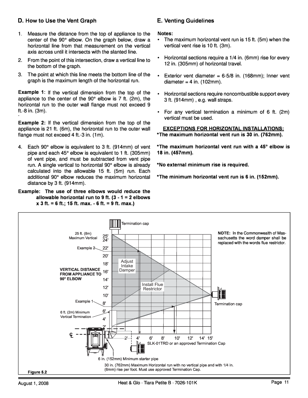 Heat & Glo LifeStyle TIARAP-BR D. How to Use the Vent Graph, E. Venting Guidelines, No external minimum rise is required 