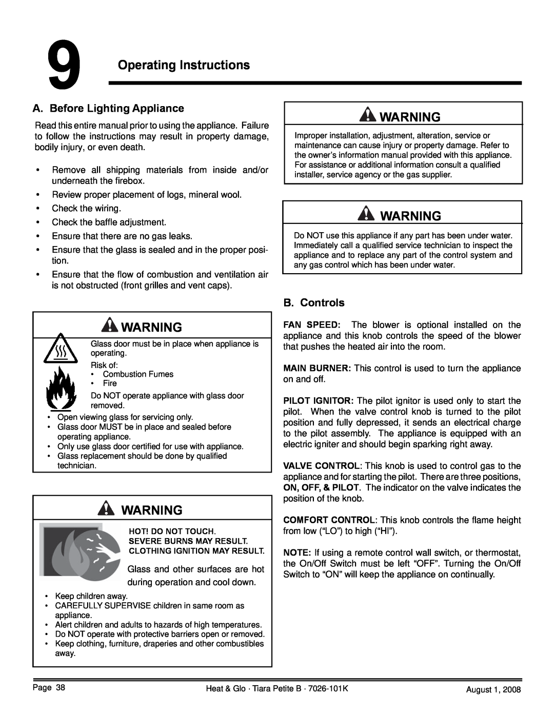 Heat & Glo LifeStyle TIARAP-BK, TIARAP-CES, TIARAP-CTO Operating Instructions, A. Before Lighting Appliance, B. Controls 
