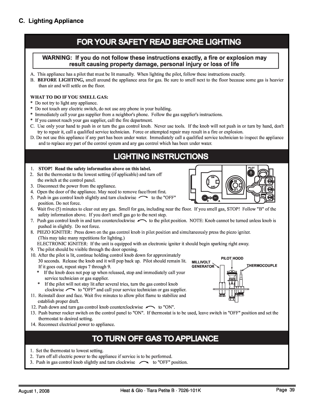 Heat & Glo LifeStyle TIARAP-BR C. Lighting Appliance, For Your Safety Read Before Lighting, Lighting Instructions 