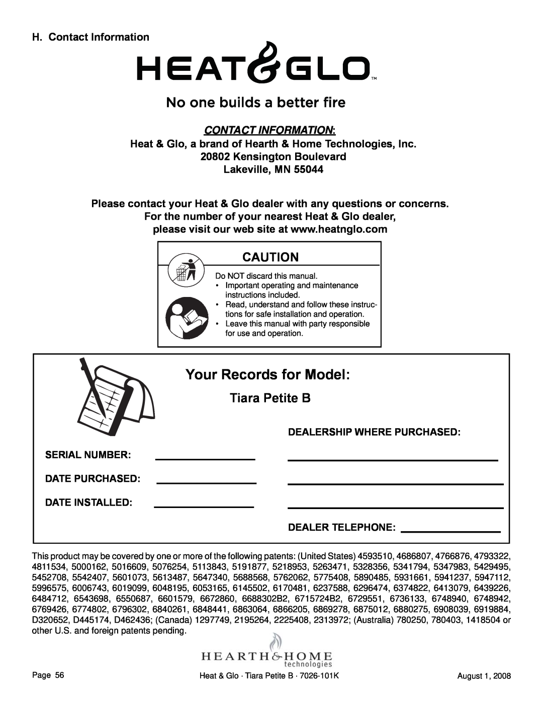 Heat & Glo LifeStyle TIARAP-CES Tiara Petite B, H. Contact Information, Kensington Boulevard Lakeville, MN, Serial Number 
