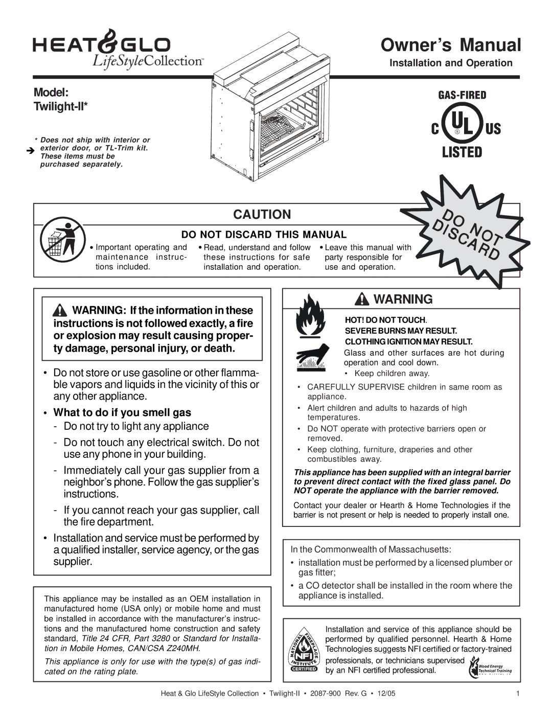 Heat & Glo LifeStyle TWILIGHT-II owner manual Model Twilight-II 