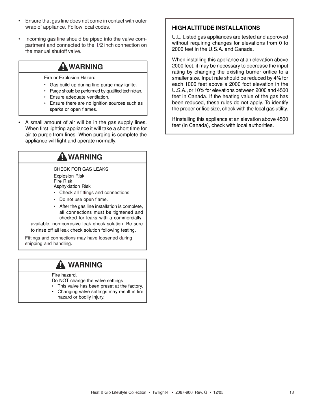 Heat & Glo LifeStyle TWILIGHT-II owner manual High Altitude Installations 