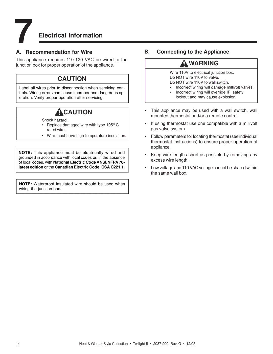 Heat & Glo LifeStyle TWILIGHT-II owner manual Electrical Information, Recommendation for Wire, Connecting to the Appliance 