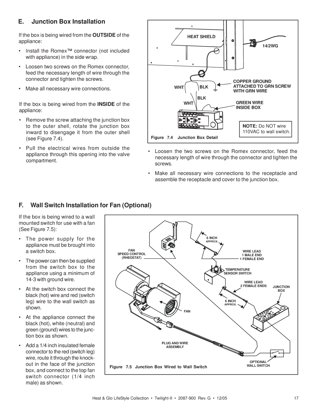 Heat & Glo LifeStyle TWILIGHT-II owner manual Junction Box Installation, Wall Switch Installation for Fan Optional 