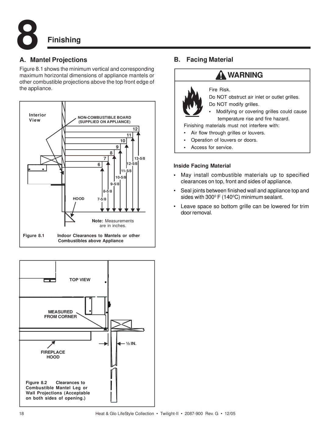 Heat & Glo LifeStyle TWILIGHT-II owner manual Finishing, Mantel Projections, Inside Facing Material 