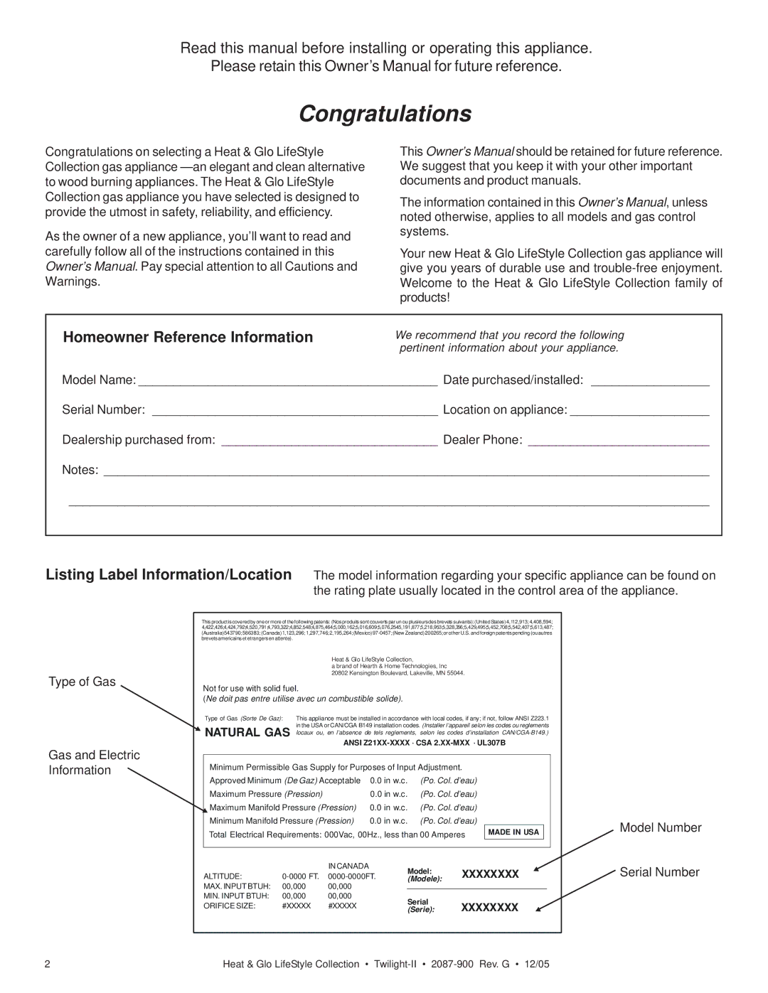 Heat & Glo LifeStyle TWILIGHT-II owner manual Congratulations, Homeowner Reference Information 