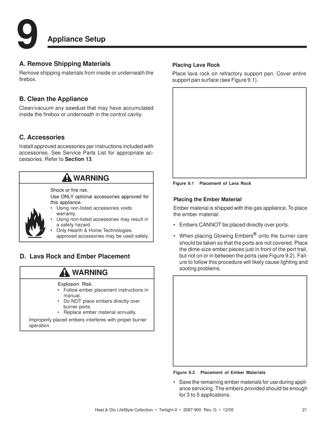 Heat & Glo LifeStyle TWILIGHT-II owner manual Appliance Setup, Remove Shipping Materials, Clean the Appliance, Accessories 