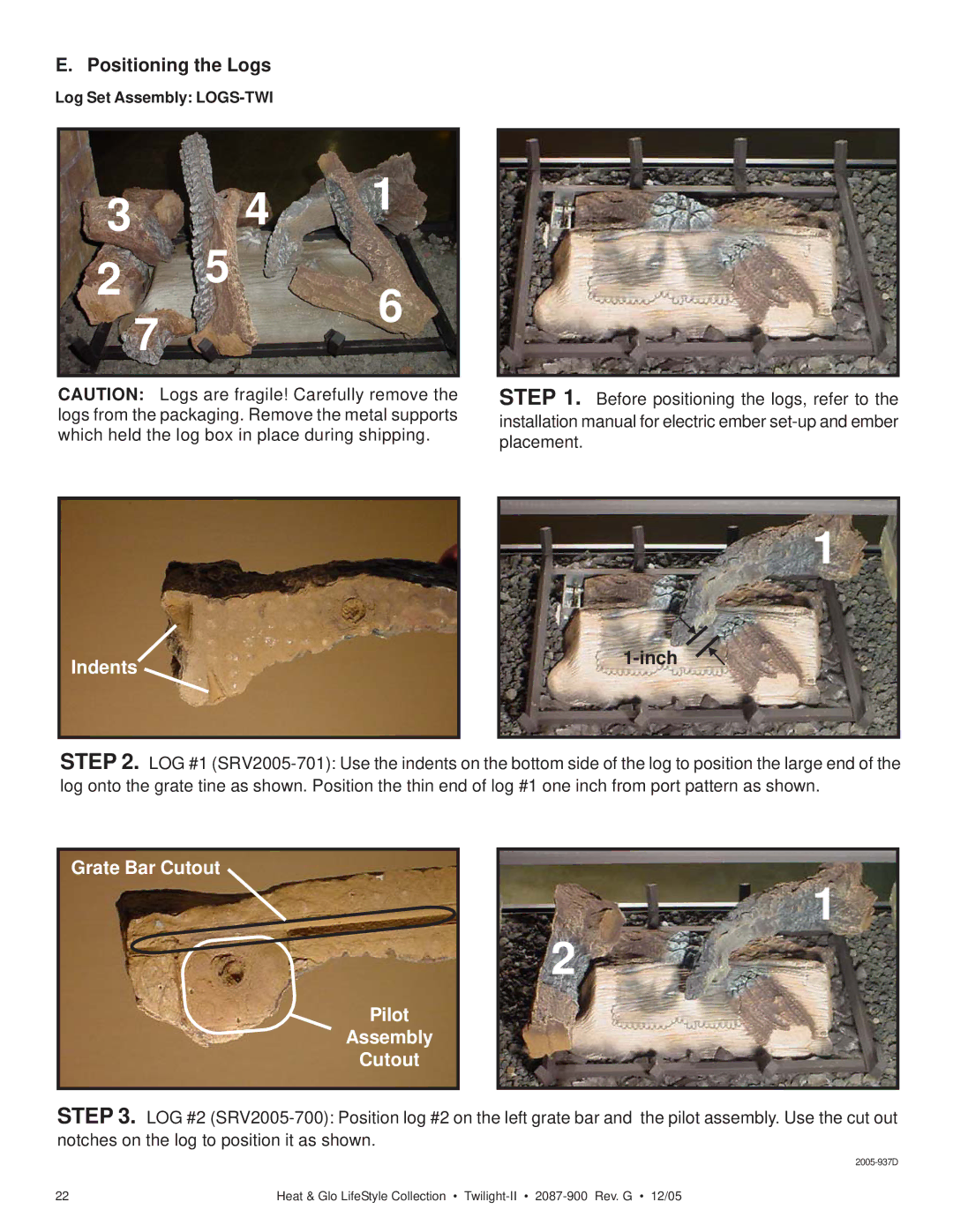 Heat & Glo LifeStyle TWILIGHT-II owner manual Positioning the Logs, Inch, Log Set Assembly LOGS-TWI 