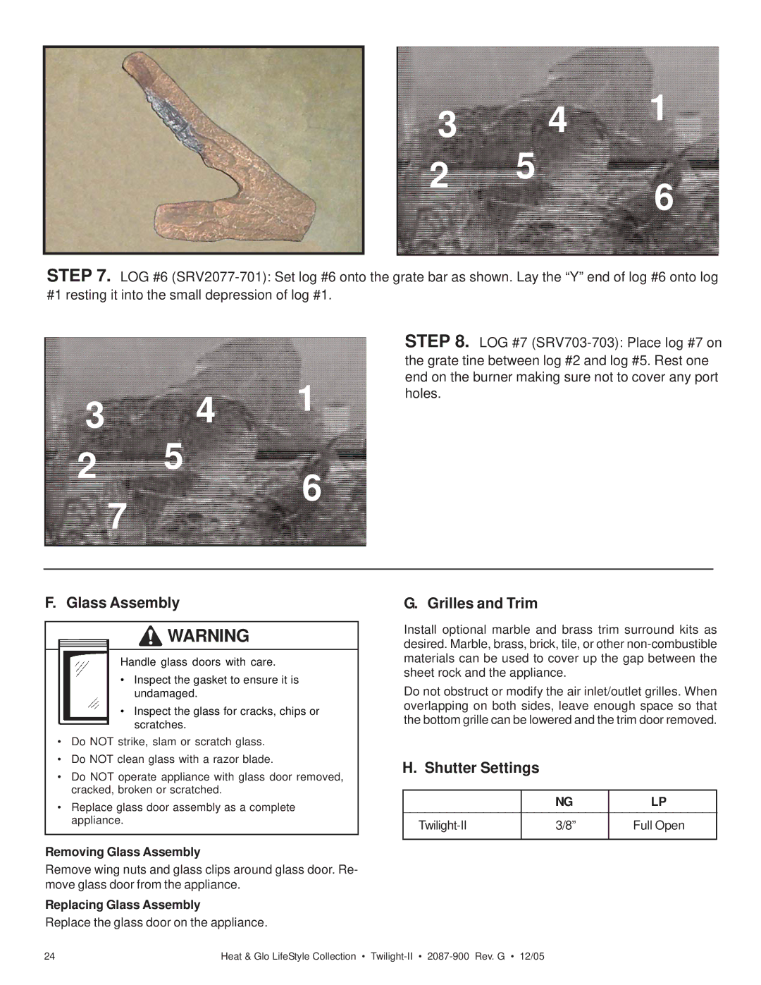 Heat & Glo LifeStyle TWILIGHT-II Grilles and Trim, Shutter Settings, Removing Glass Assembly, Replacing Glass Assembly 