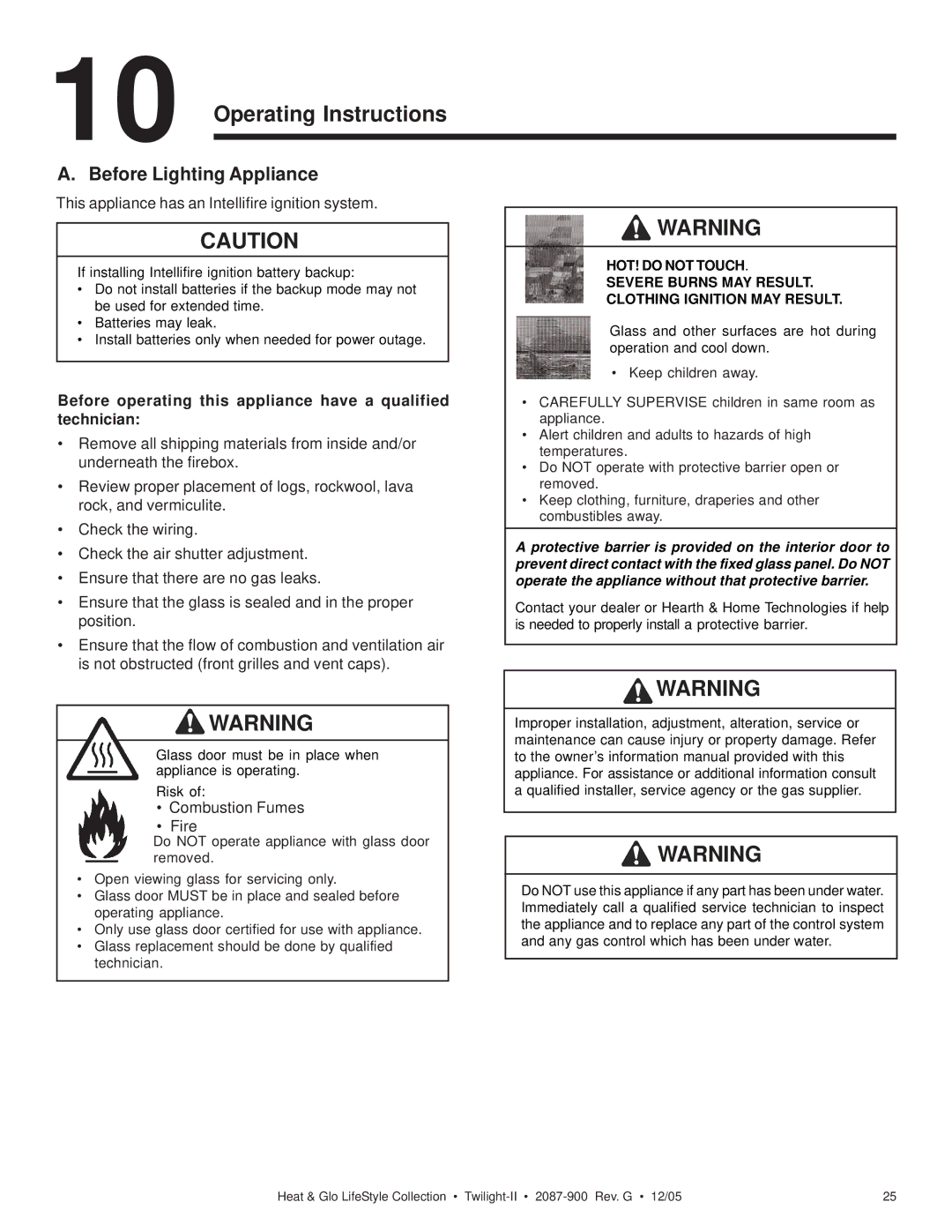 Heat & Glo LifeStyle TWILIGHT-II owner manual Operating Instructions, Before Lighting Appliance 