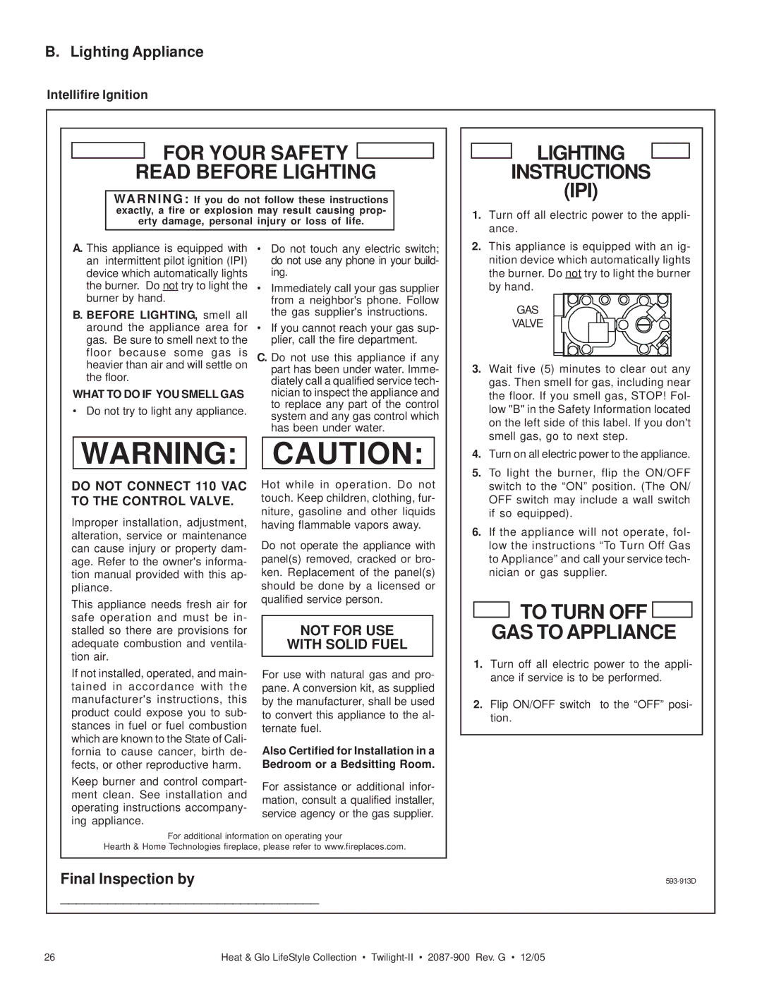 Heat & Glo LifeStyle TWILIGHT-II owner manual Lighting Appliance, Final Inspection by, Intellifire Ignition 