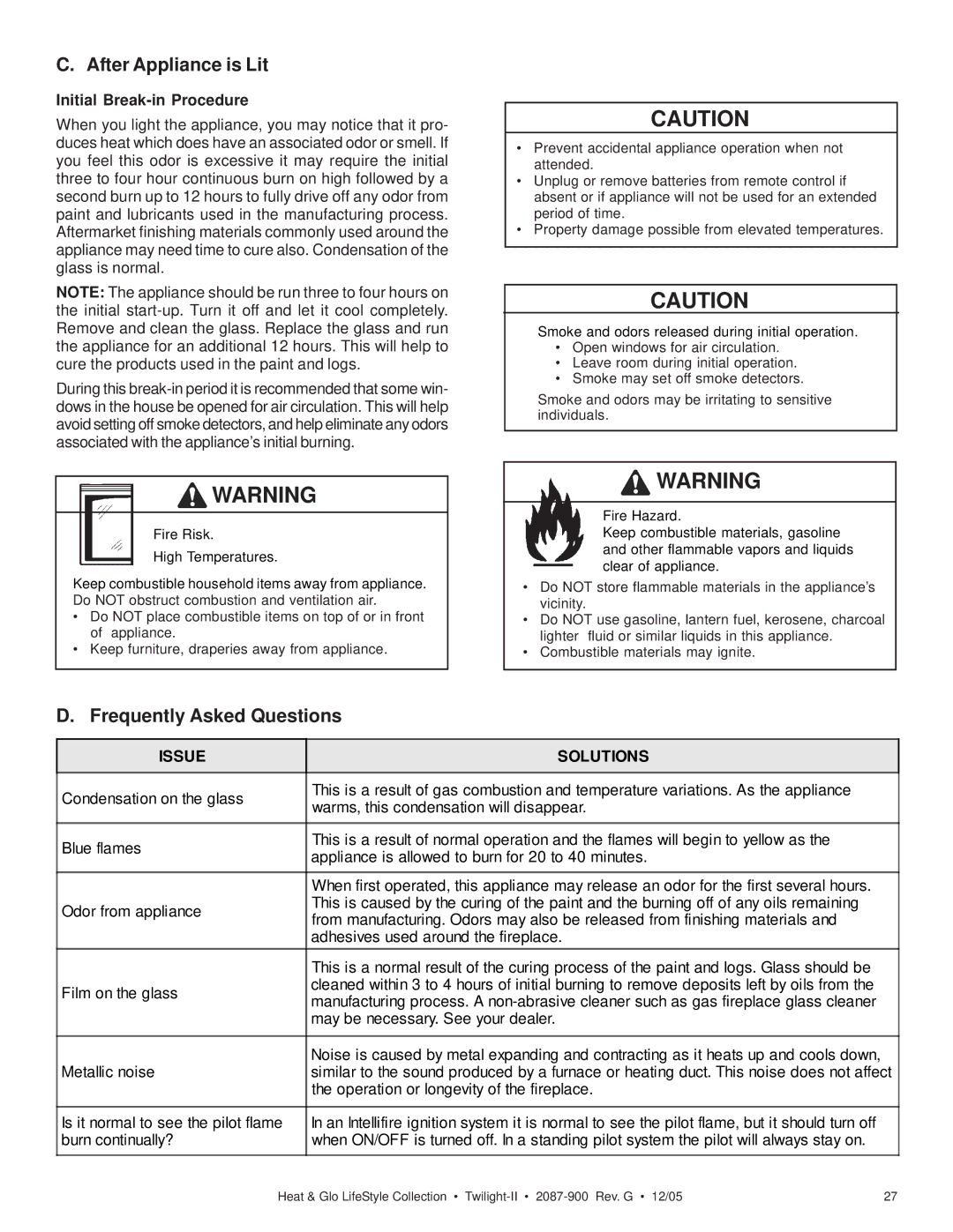 Heat & Glo LifeStyle TWILIGHT-II After Appliance is Lit, Frequently Asked Questions, Initial Break-in Procedure 