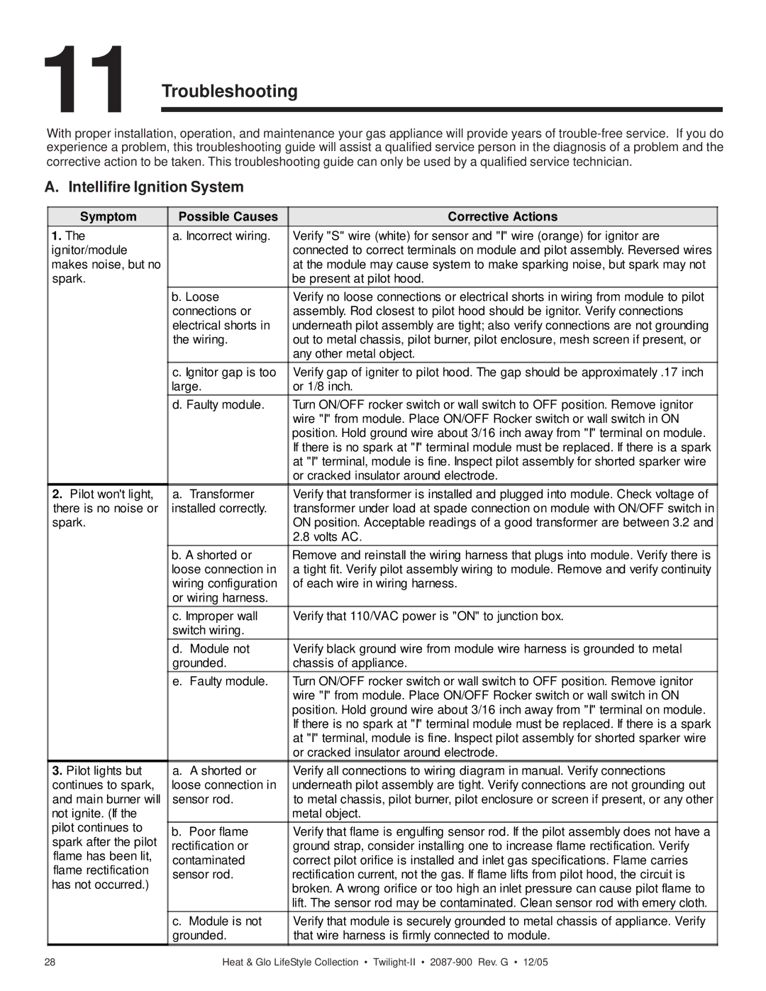 Heat & Glo LifeStyle TWILIGHT-II owner manual Troubleshooting, Intellifire Ignition System 