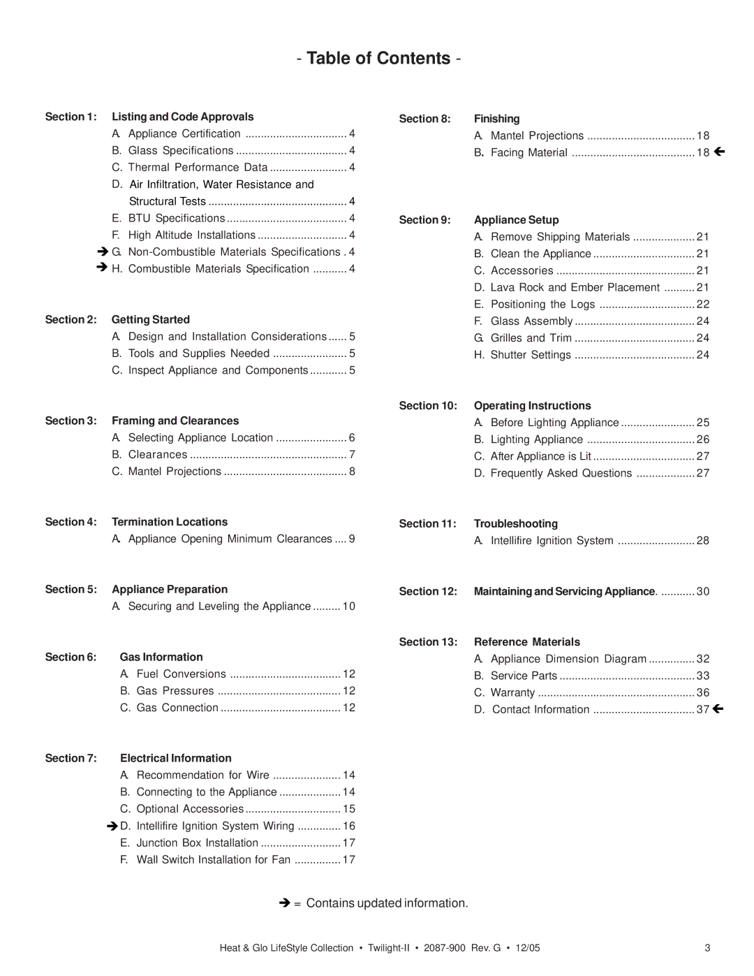 Heat & Glo LifeStyle TWILIGHT-II owner manual Table of Contents 