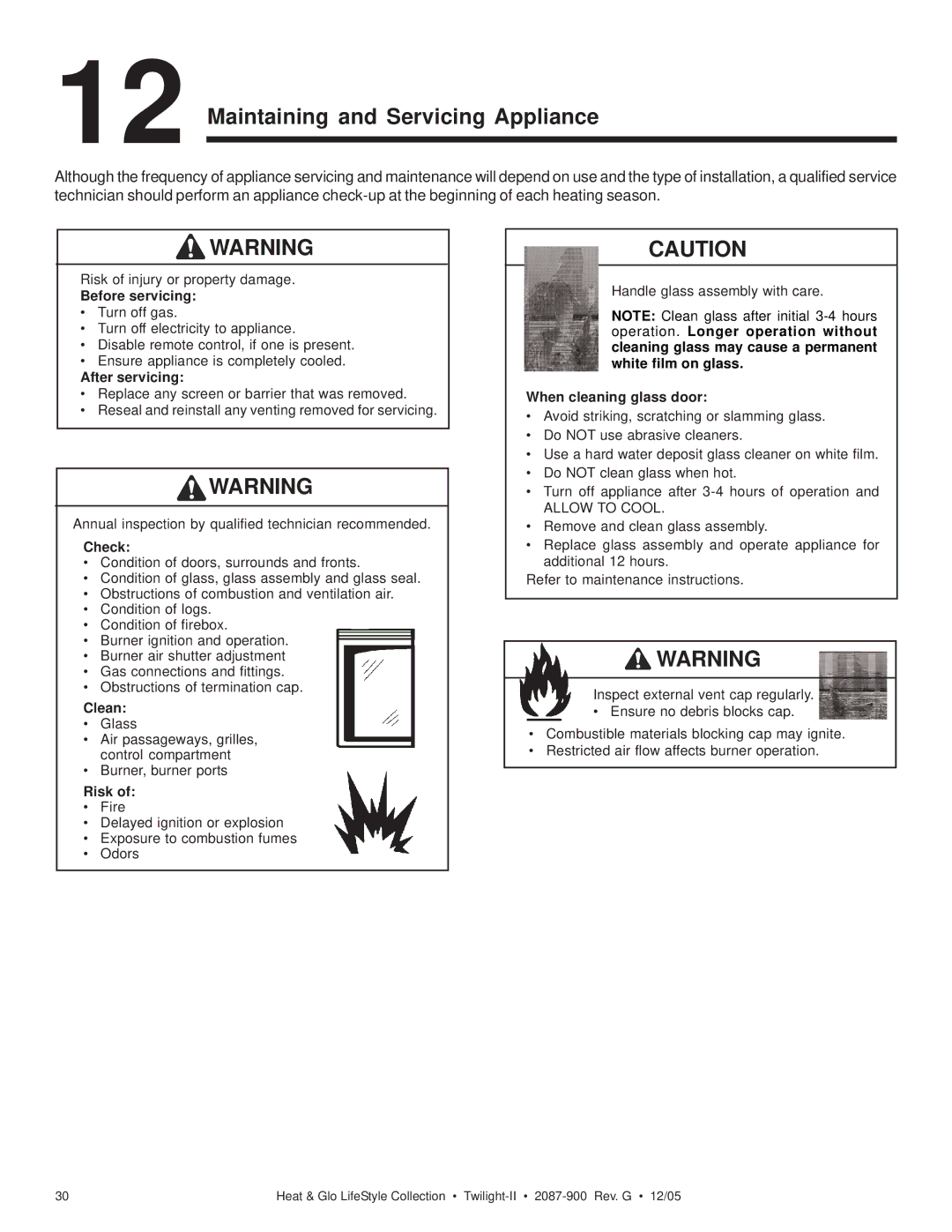 Heat & Glo LifeStyle TWILIGHT-II owner manual Maintaining and Servicing Appliance, Before servicing 