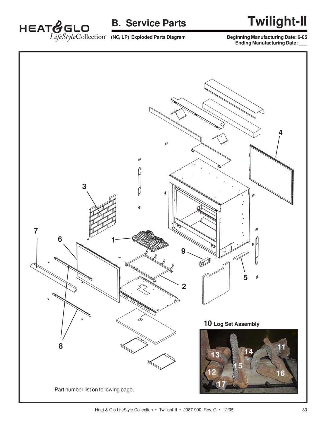 Heat & Glo LifeStyle TWILIGHT-II owner manual Twilight-II, Log Set Assembly 