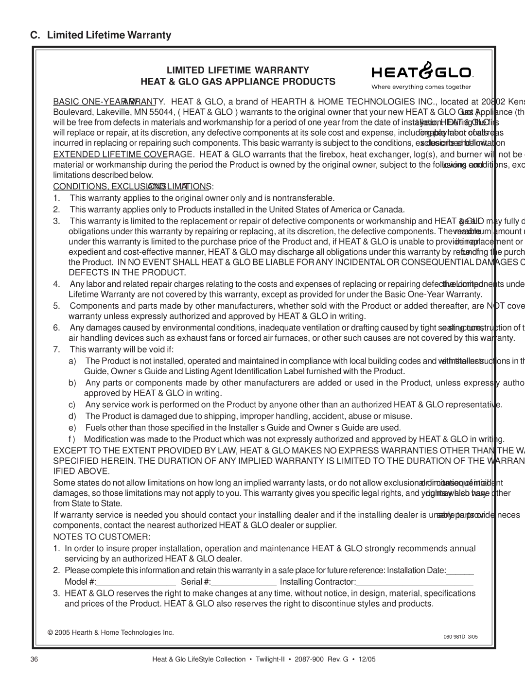 Heat & Glo LifeStyle TWILIGHT-II owner manual Limited Lifetime Warranty Heat & GLO GAS Appliance Products 