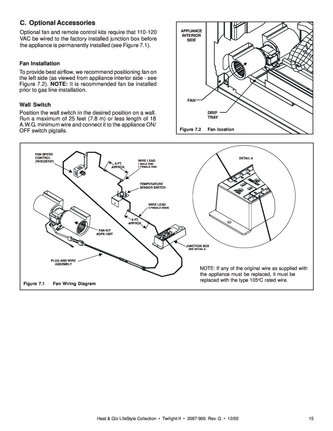 Heat & Glo LifeStyle TWILIGHT-II owner manual C. Optional Accessories, Fan Installation, Wall Switch 