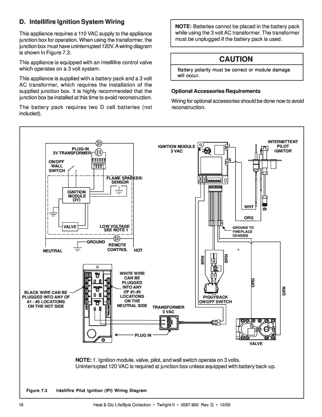 Heat & Glo LifeStyle TWILIGHT-II owner manual D. Intellifire Ignition System Wiring, Optional Accessories Requirements 