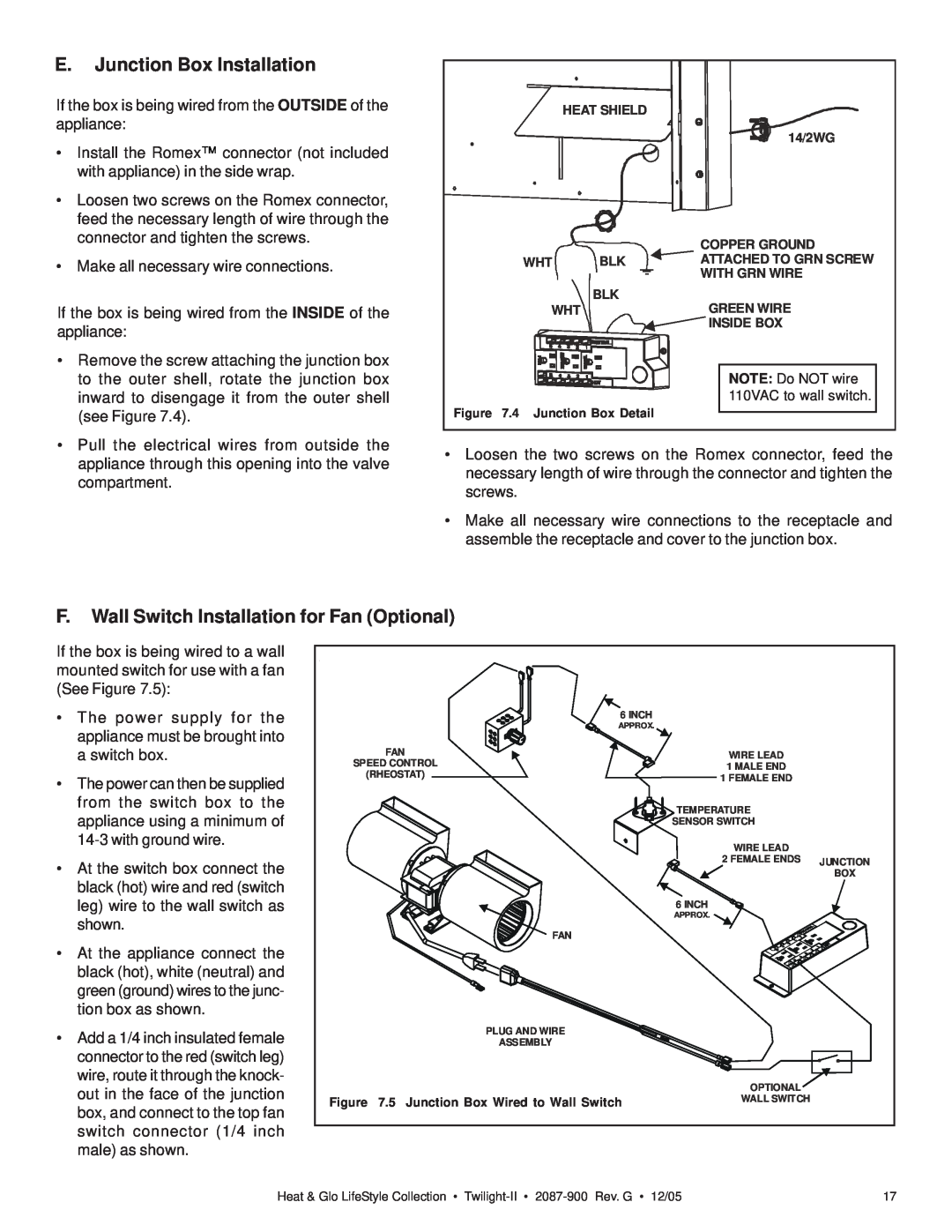 Heat & Glo LifeStyle TWILIGHT-II owner manual E.Junction Box Installation, F.Wall Switch Installation for Fan Optional 
