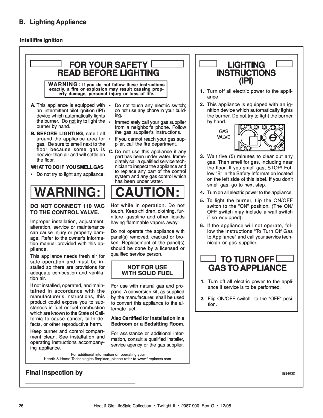 Heat & Glo LifeStyle TWILIGHT-II Warning Caution, B. Lighting Appliance, Final Inspection by, Lighting Instructions Ipi 