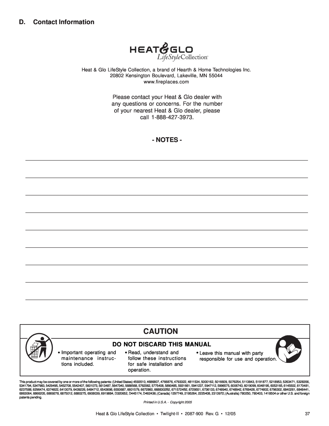Heat & Glo LifeStyle TWILIGHT-II owner manual D.Contact Information, Kensington Boulevard, Lakeville, MN 