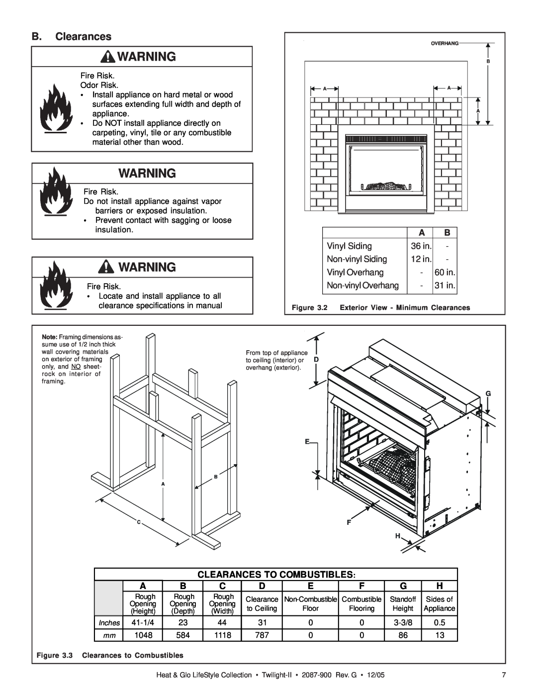 Heat & Glo LifeStyle TWILIGHT-II owner manual B.Clearances, Clearances To Combustibles, 36 in 