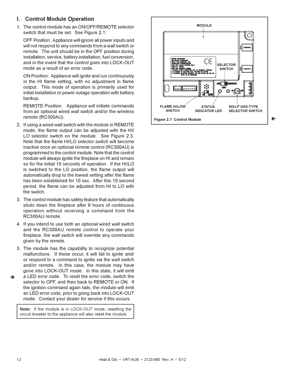 Heat & Glo LifeStyle VRT-GY-N-AUB, VRT-GY-P-AUB, VRT-BZ-P-AUB, VRT-BZ-N-AUB owner manual Control Module Operation 