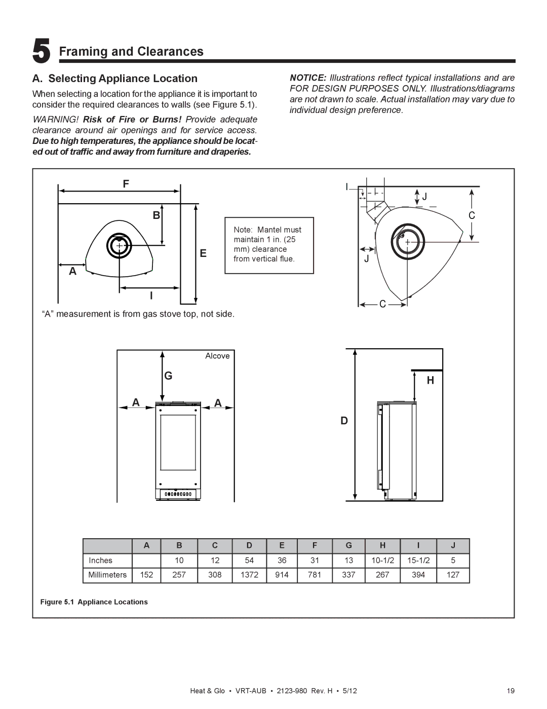 Heat & Glo LifeStyle VRT-BZ-N-AUB, VRT-GY-N-AUB, VRT-GY-P-AUB Framing and Clearances, Selecting Appliance Location 